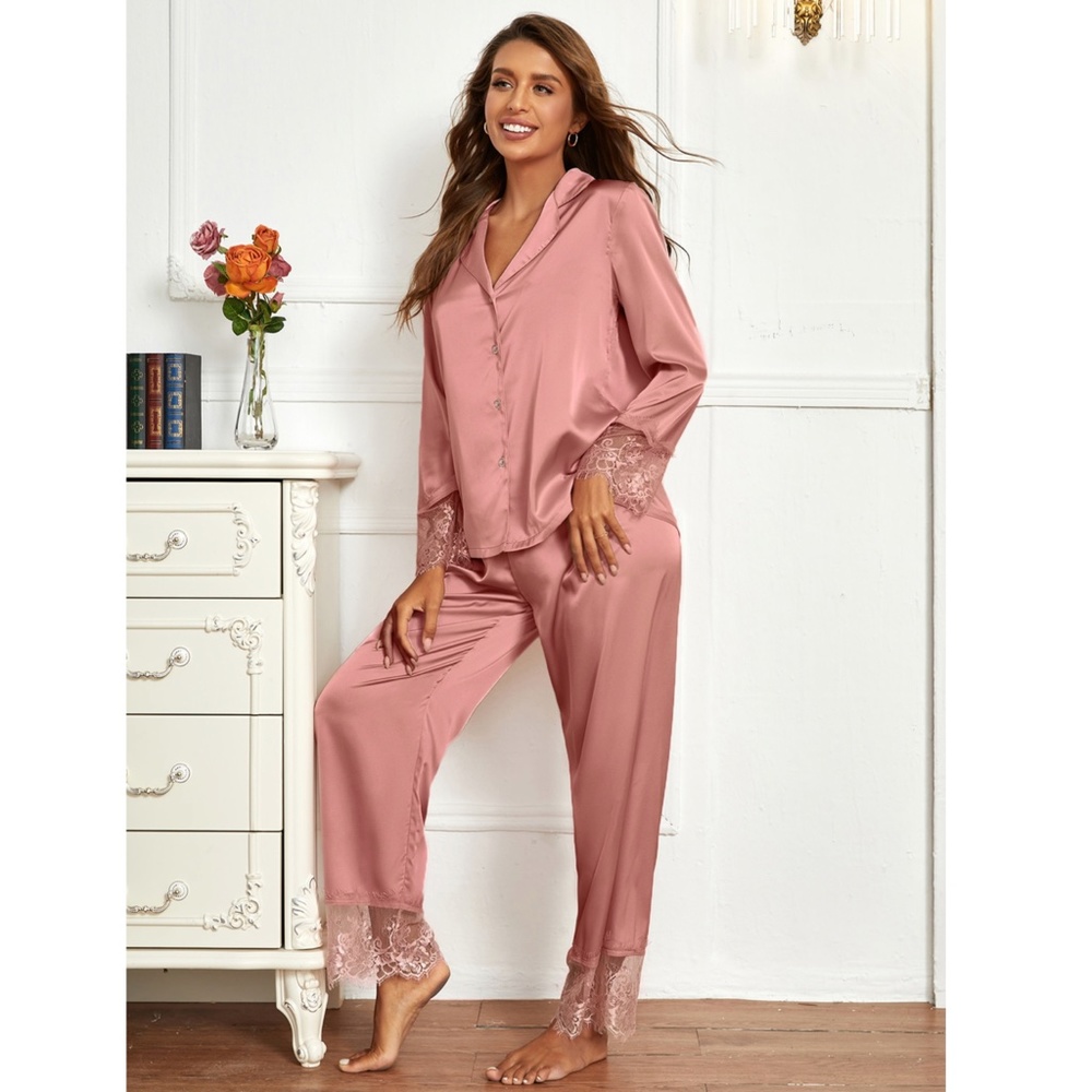 Dusty Pink Satin Pajamas Lace Detail 2 Piece Set Shirt & Pants - Picture 3 of 6